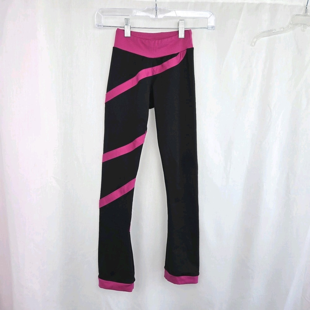 ChloeNoel‎ Ice Figure Skating Pants Black Leggings Fuchsia Spiral Girls Size XXS